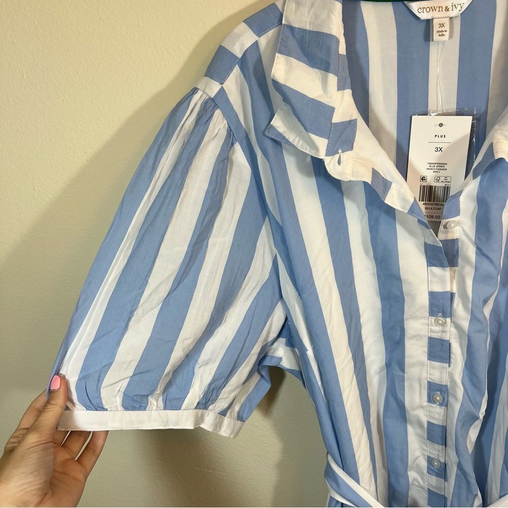 Crown & Ivy Women’s Blue White Striped Belted Shirt Dress 3X NWT - Picture 7 of 15